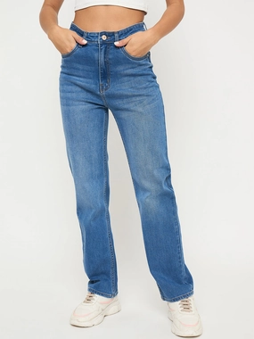 Street Fashion Affordable Madame Acid Wash Mid Blue Straight Cotton Blend Jeans