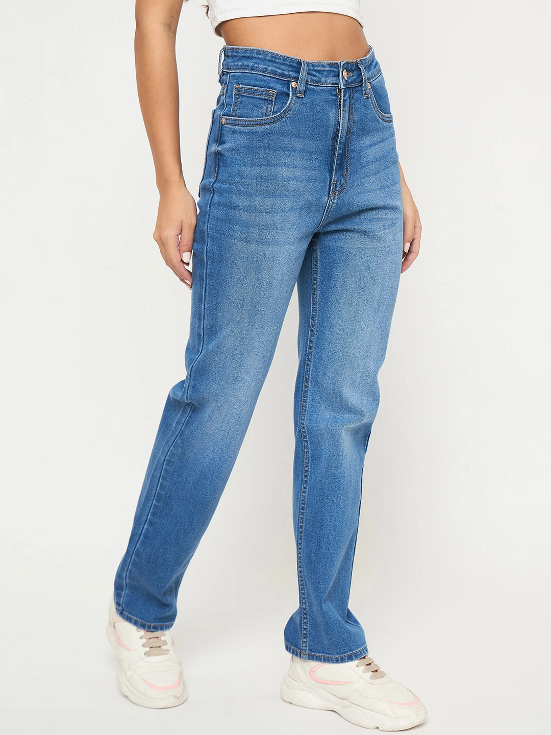 Organic Cotton Madame Acid Wash Mid Blue Straight Cotton Blend Jeans