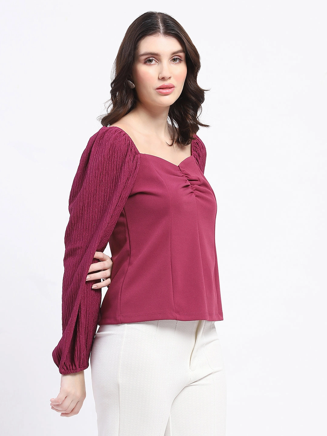 ReinforcedShoulderConstruction Modern Design Madame Sweetheart Neck Elasticated Rush Detailed Solid Plum Knit moss Top