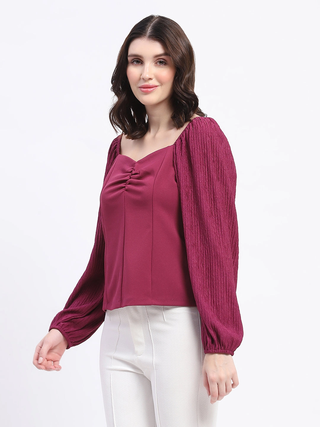 Natural Fiber Blend Classic Crewneck Design Madame Sweetheart Neck Elasticated Rush Detailed Solid Plum Knit moss Top