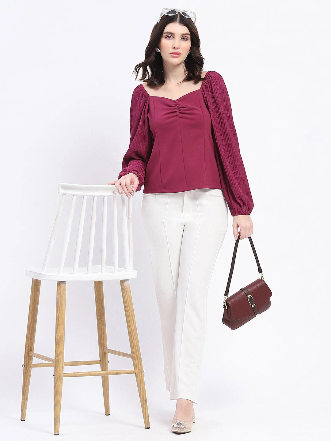 Tension Balanced Design Madame Sweetheart Neck Elasticated Rush Detailed Solid Plum Knit moss Top