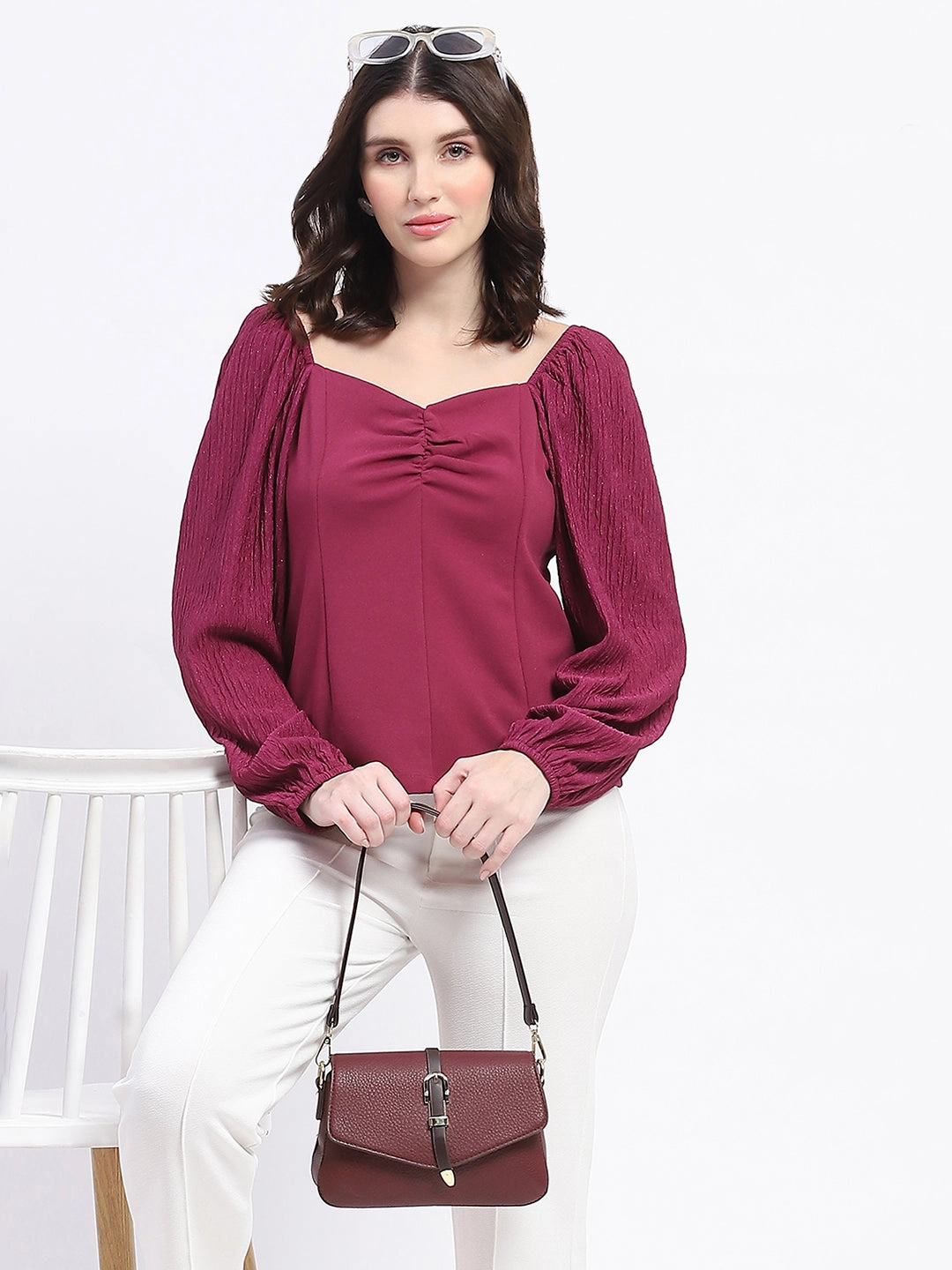 Midweight Texture Madame Sweetheart Neck Elasticated Rush Detailed Solid Plum Knit moss Top
