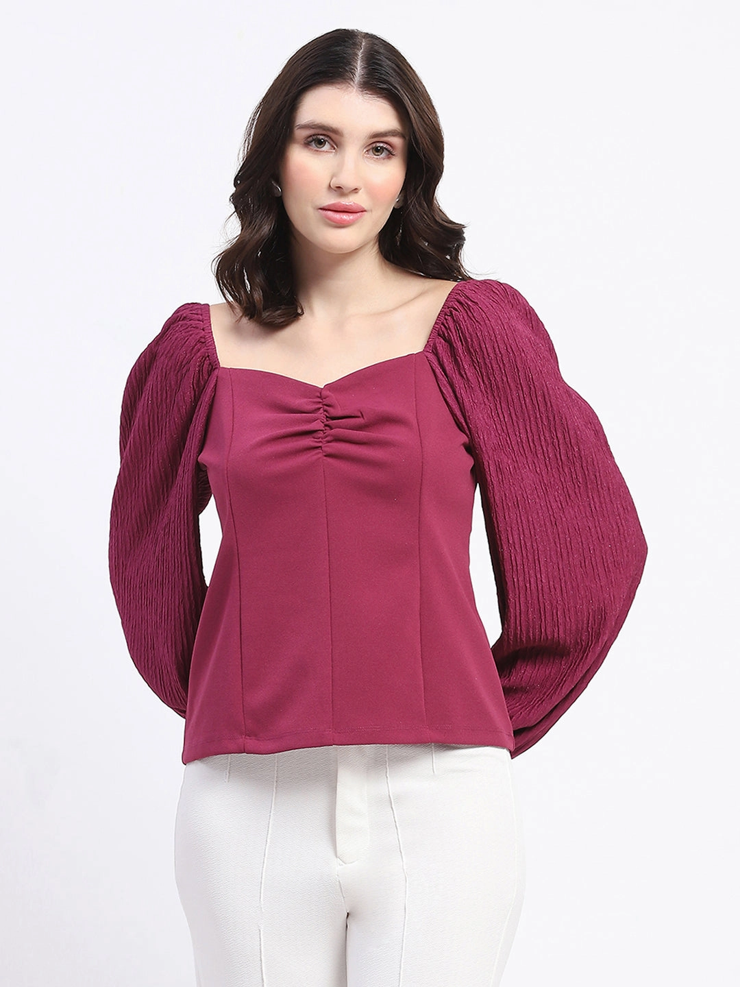 Bonded Seam Tape Madame Sweetheart Neck Elasticated Rush Detailed Solid Plum Knit moss Top