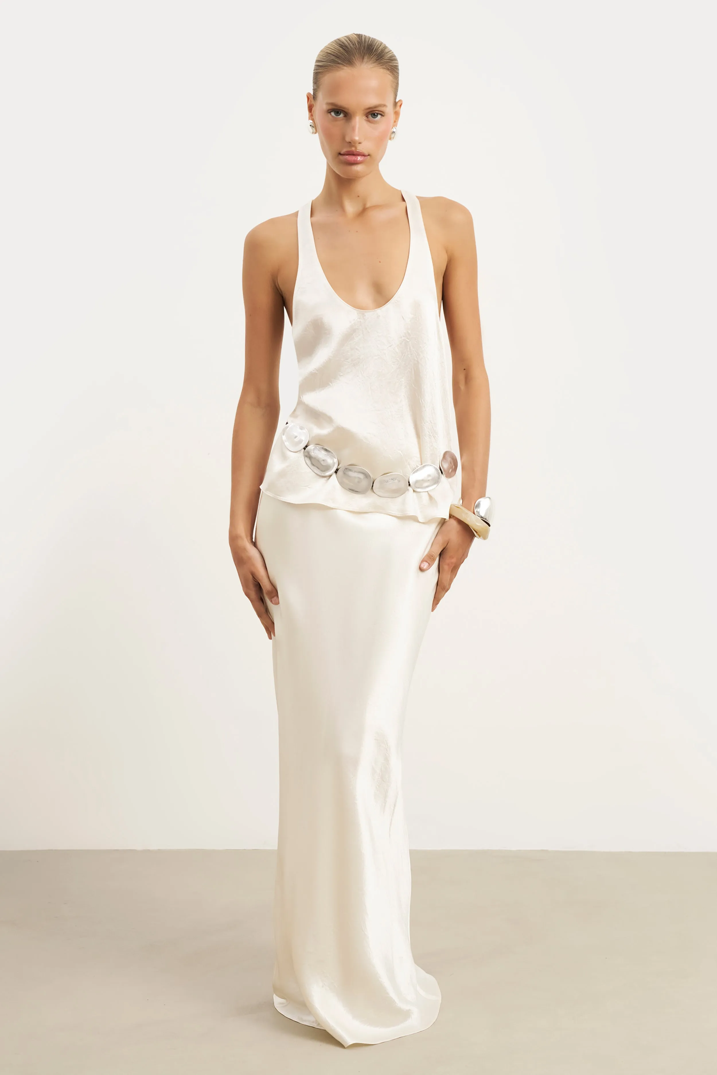 Minimalist fashion Clean Mood Crushed Satin Bias Cut Maxi Skirt - Champagne