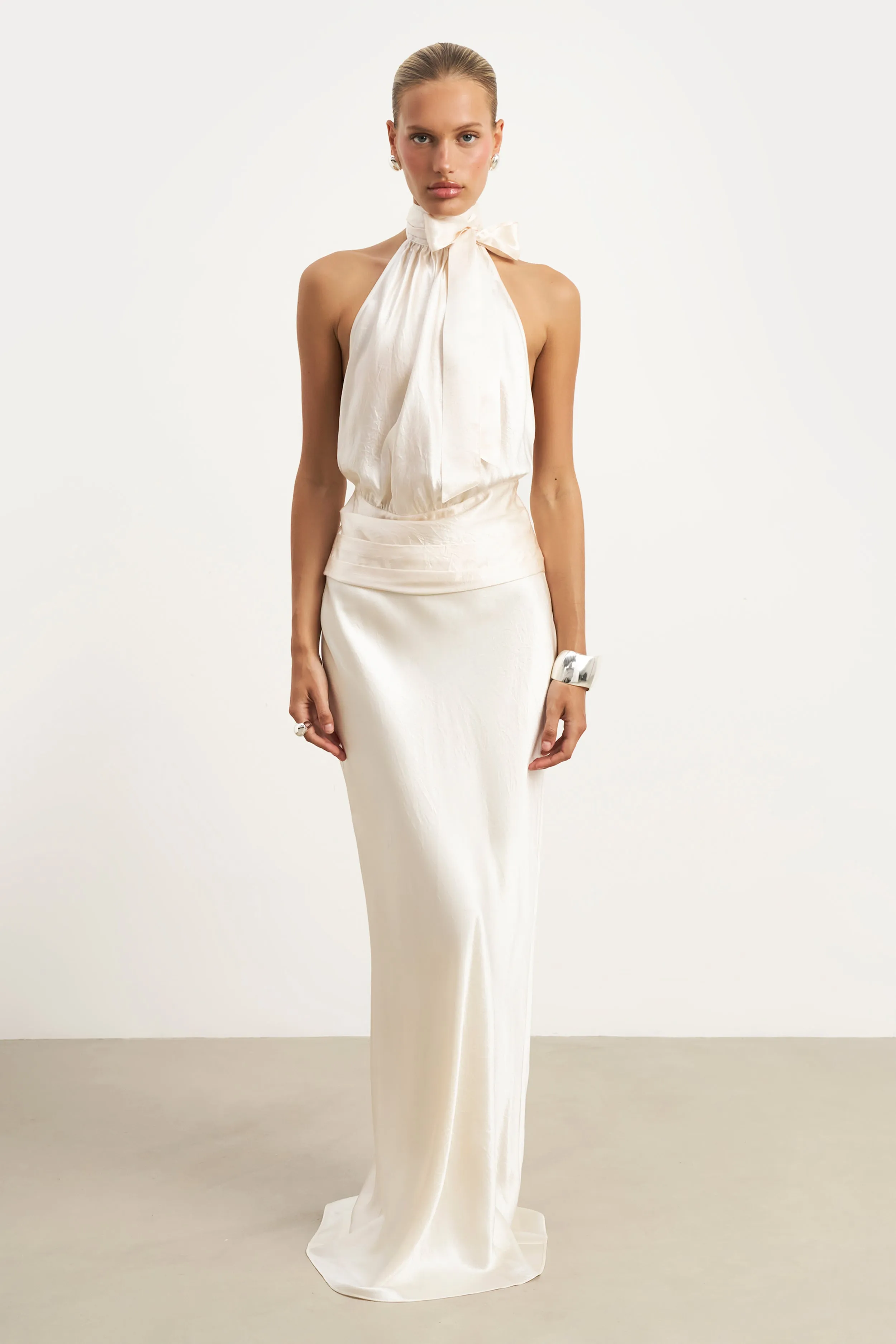 Crushed Satin Bias Cut Maxi Skirt - Champagne Soft Palette Washable fabric