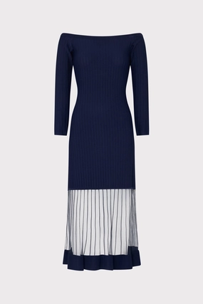 Off The Shoulder Sheer Knit Midi Dress Double Layered