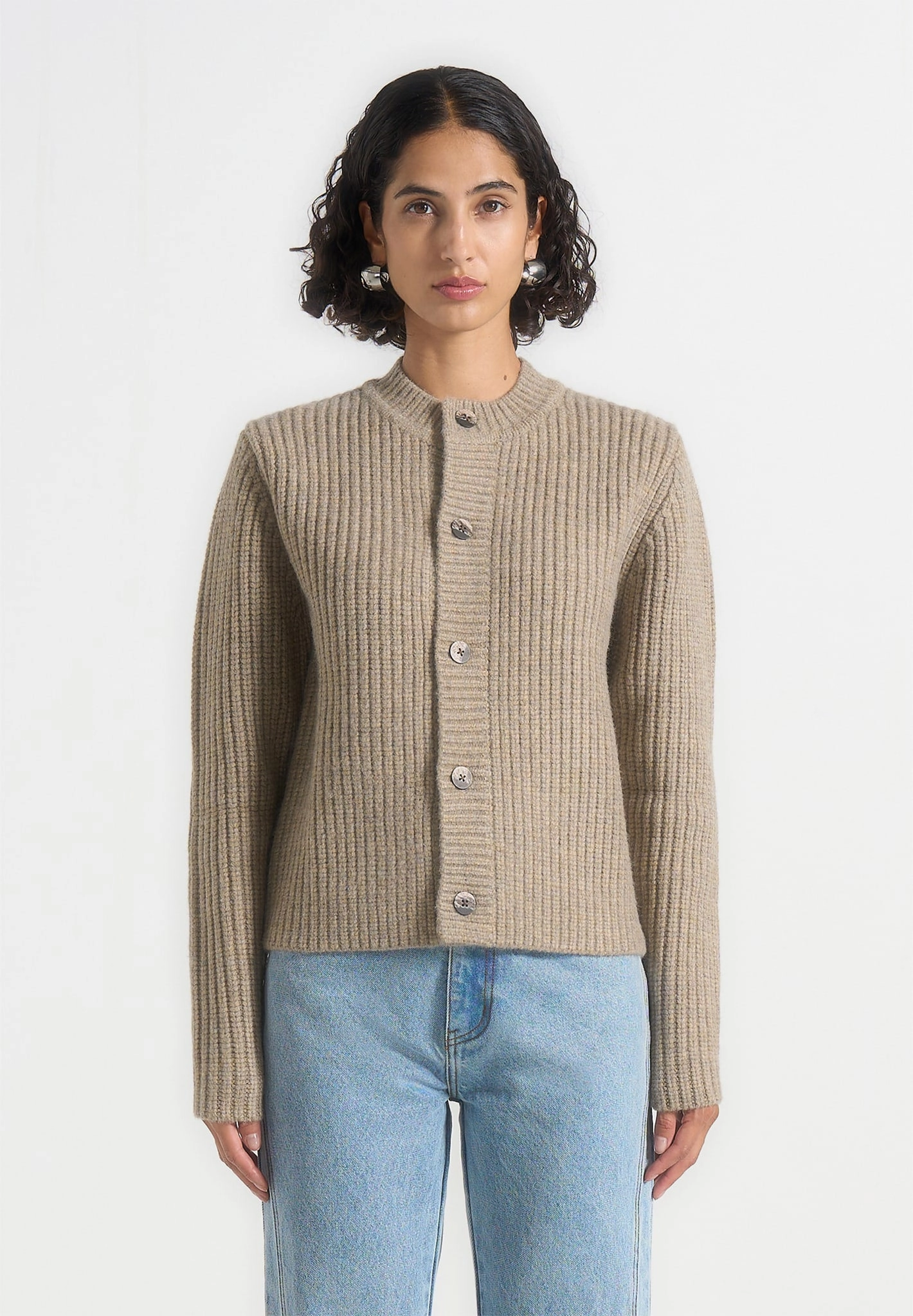 AntiStatic Coating FrictionReduced Sleeve Construction Alix - Unisex Crewneck Ribbed Knit Cardigan - Beige