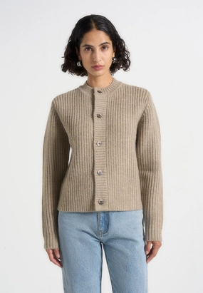 Alix - Unisex Crewneck Ribbed Knit Cardigan - Beige Seasonal Fit