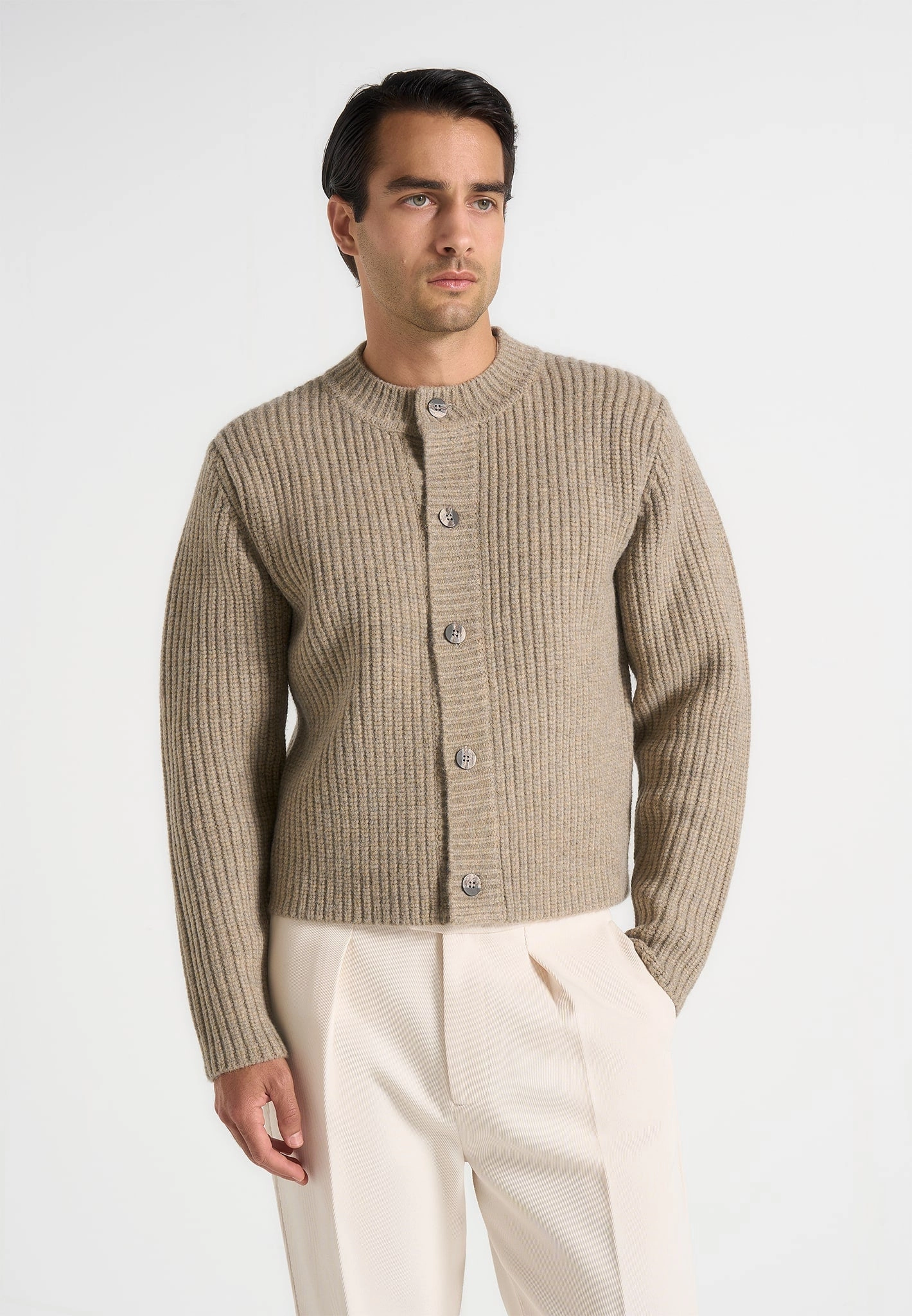 Lightweight Knit Clean Aesthetic Alix - Unisex Crewneck Ribbed Knit Cardigan - Beige