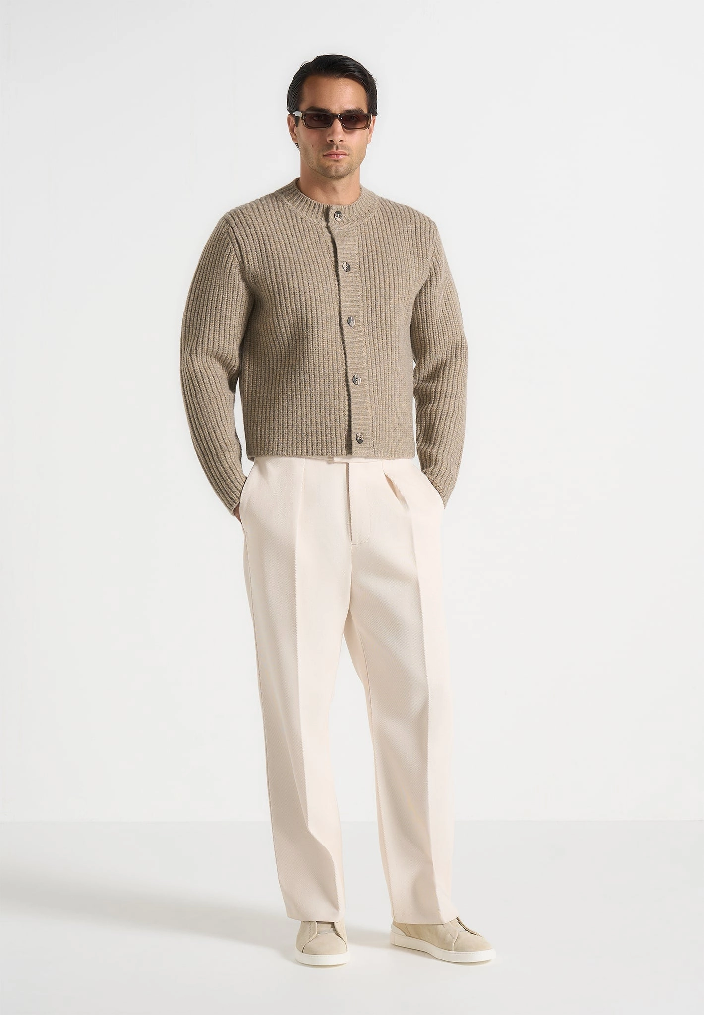 Alix - Unisex Crewneck Ribbed Knit Cardigan - Beige Thermal Lined Cuffs Circular Knit Sustainability Guide