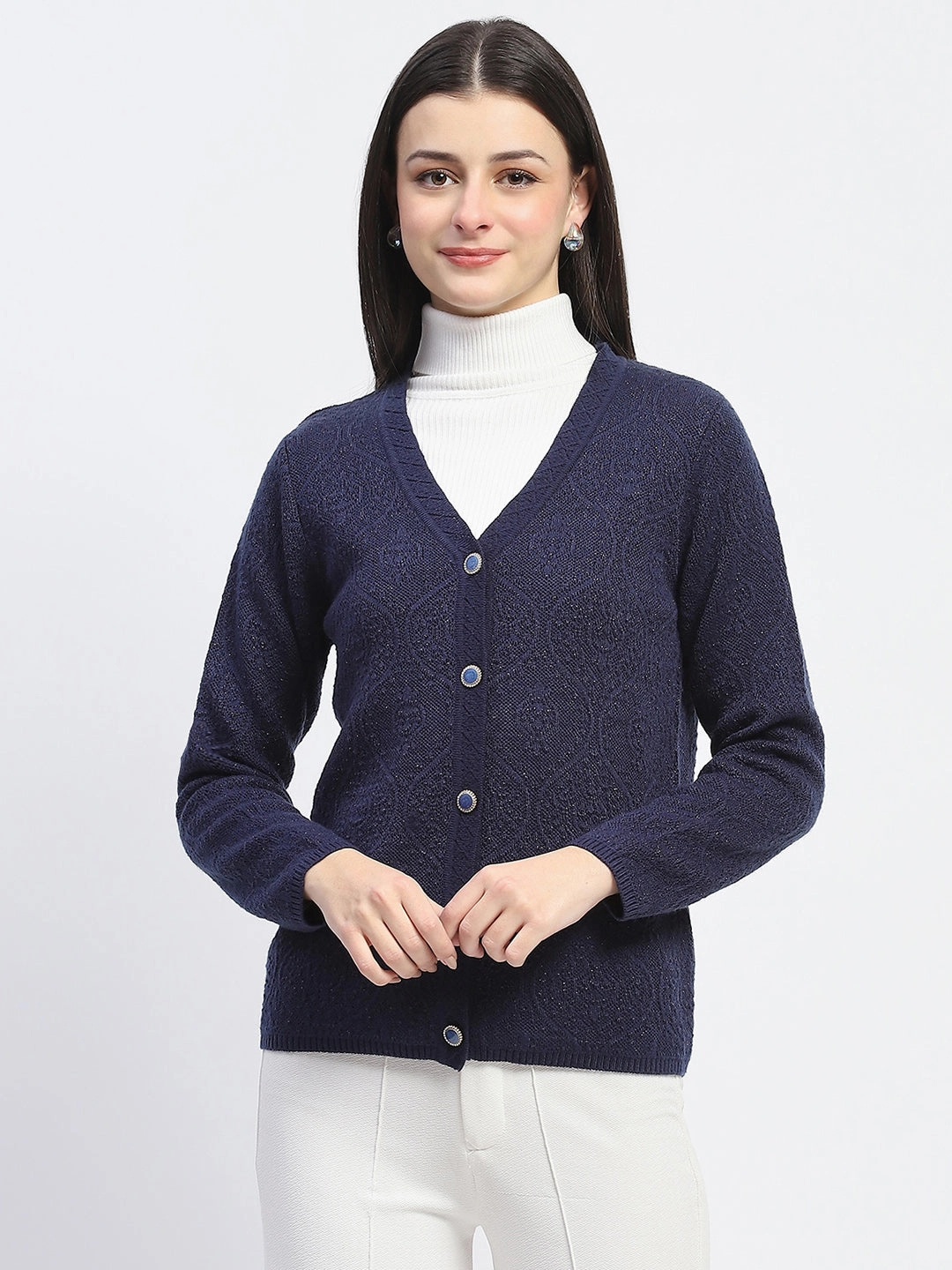 Madame V Neck Buttoned Navy Blue Cardigan Versatile Layering Cut Airflow Ventilation Zones