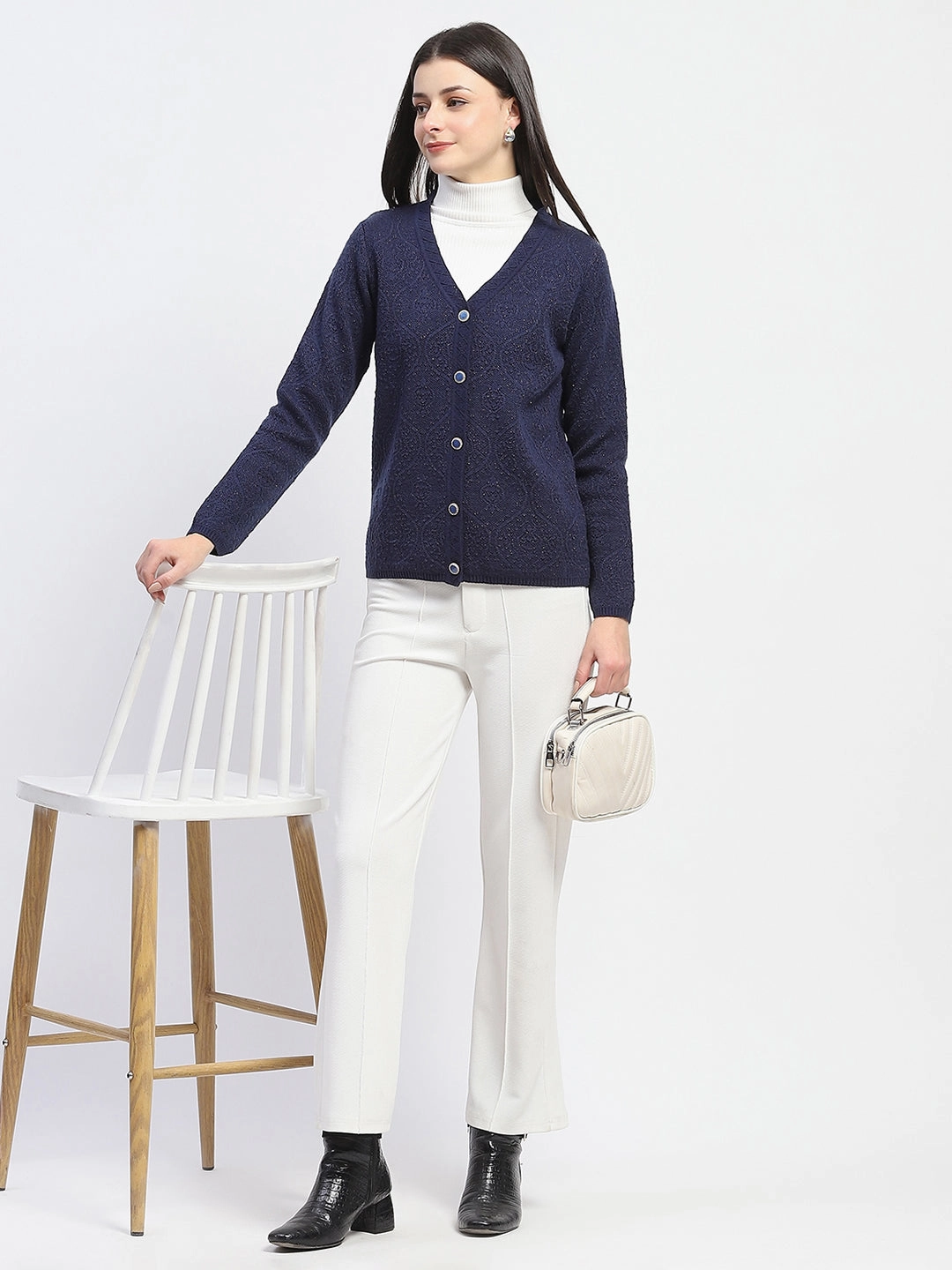 UV protection layer Fashionable Style Madame V Neck Buttoned Navy Blue Cardigan