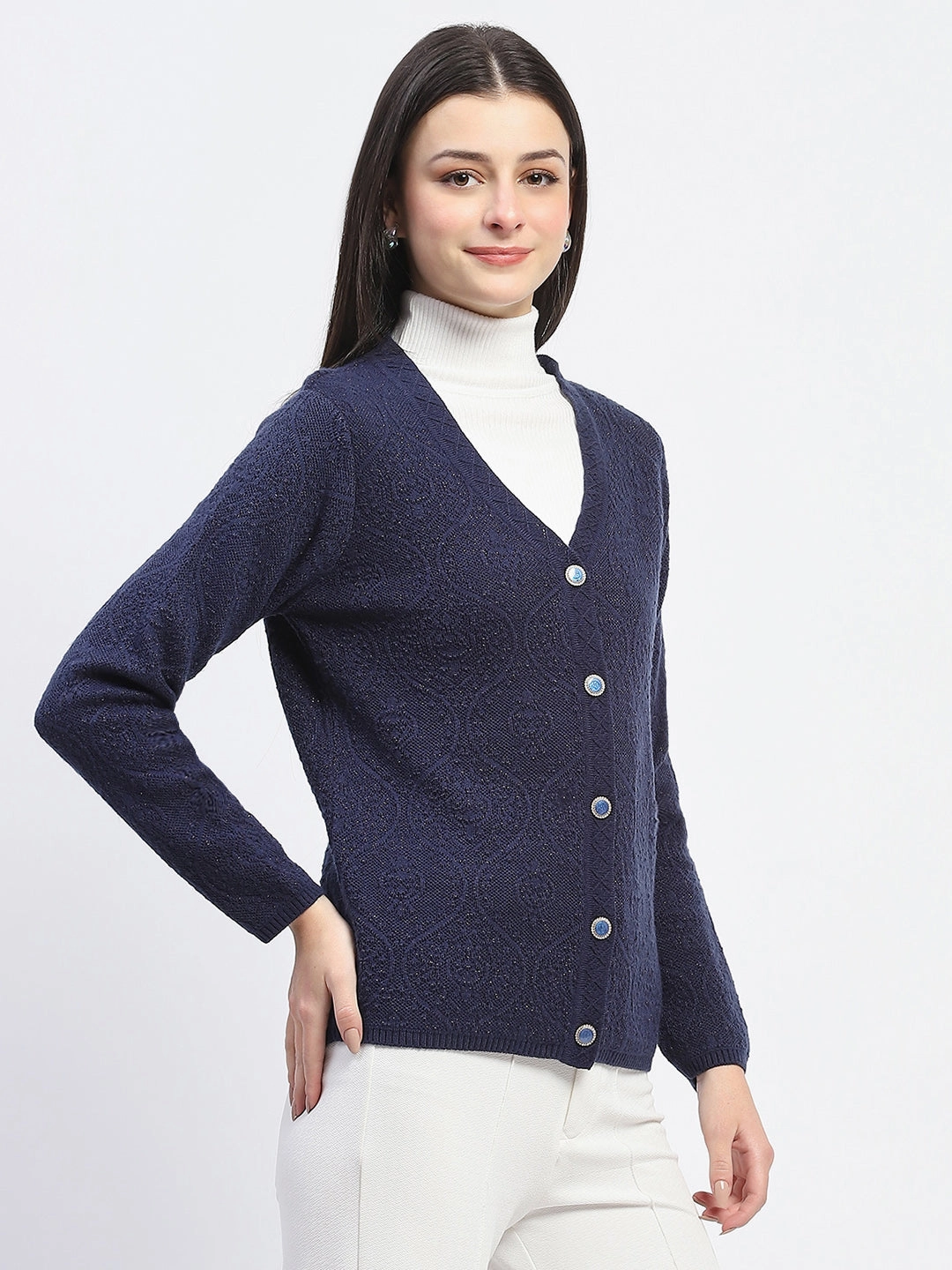 Contrast Stitch Detailing ButterSoft Handfeel Madame V Neck Buttoned Navy Blue Cardigan