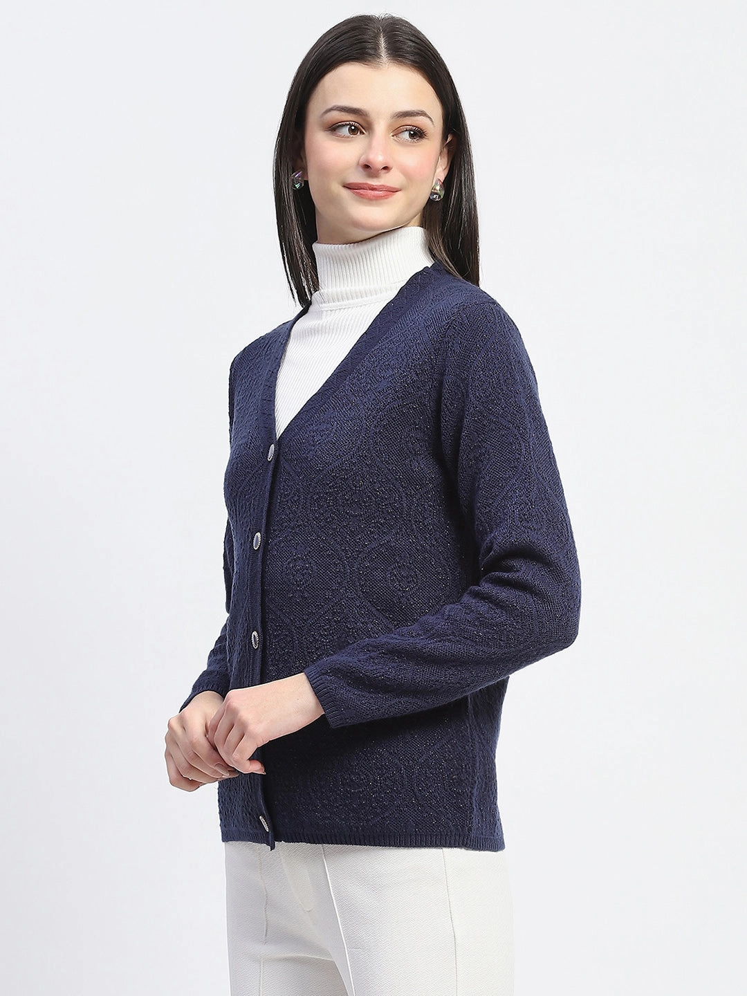Quick Dry Fabric Moisture Control Lining Madame V Neck Buttoned Navy Blue Cardigan