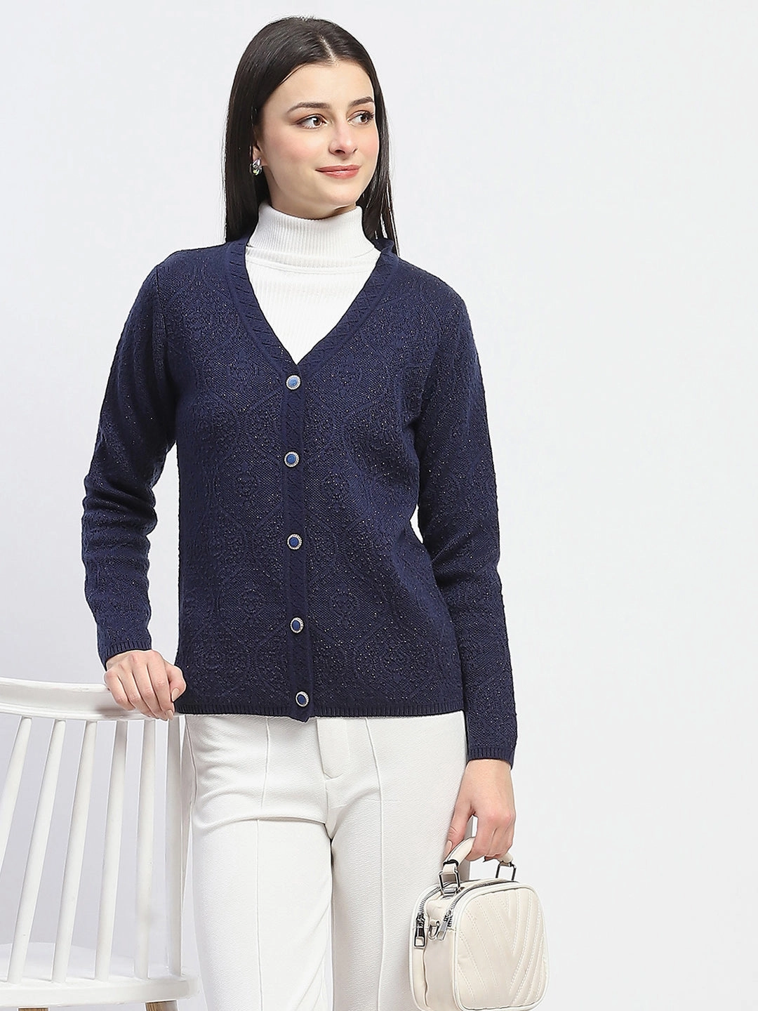 Madame V Neck Buttoned Navy Blue Cardigan NonChafingTrim Four Way Stretch Fabric