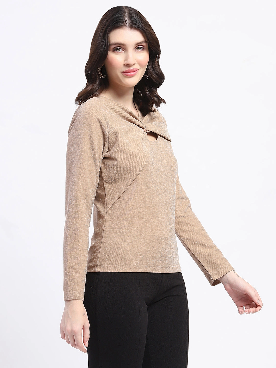 DoubleNeedle Stitching Madame Ring Detailed Embellished Asymmetrical Neck Solid Beige Top