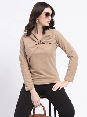 Madame Ring Detailed Embellished Asymmetrical Neck Solid Beige Top BondedSeamTechnology Durable Chainstitch