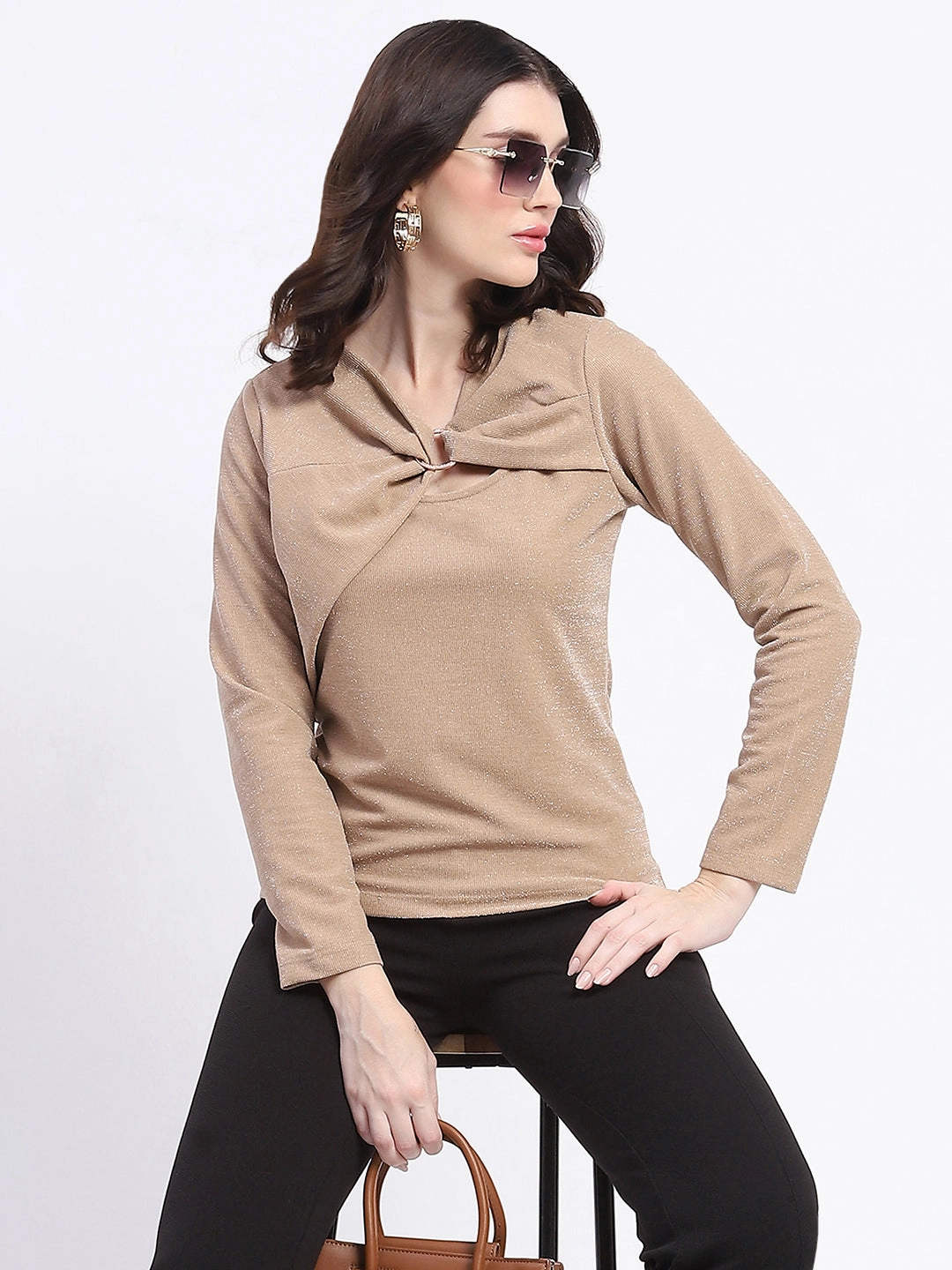 Madame Ring Detailed Embellished Asymmetrical Neck Solid Beige Top BondedSeamTechnology Durable Chainstitch