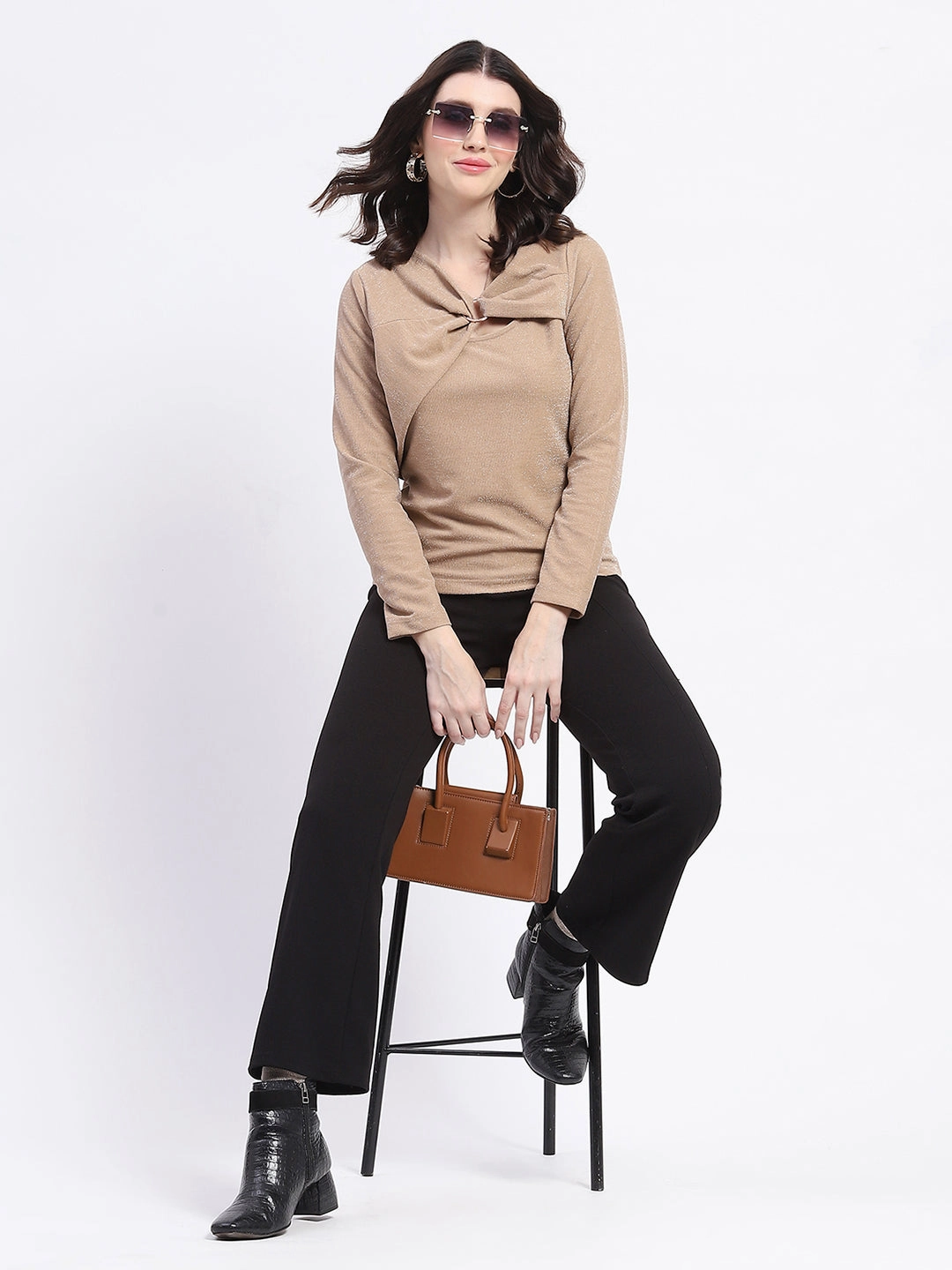 Madame Ring Detailed Embellished Asymmetrical Neck Solid Beige Top Hidden Zipper Closure