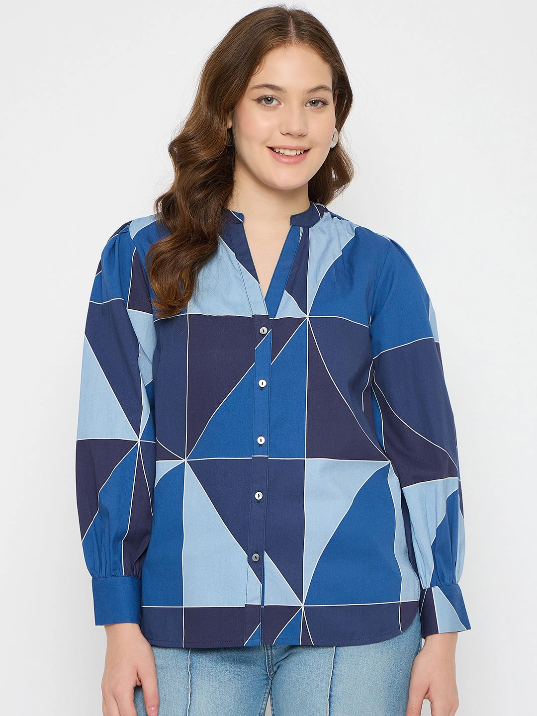 DoubleLayered Collar Madame Geometric Print Navy Blue Cotton Top