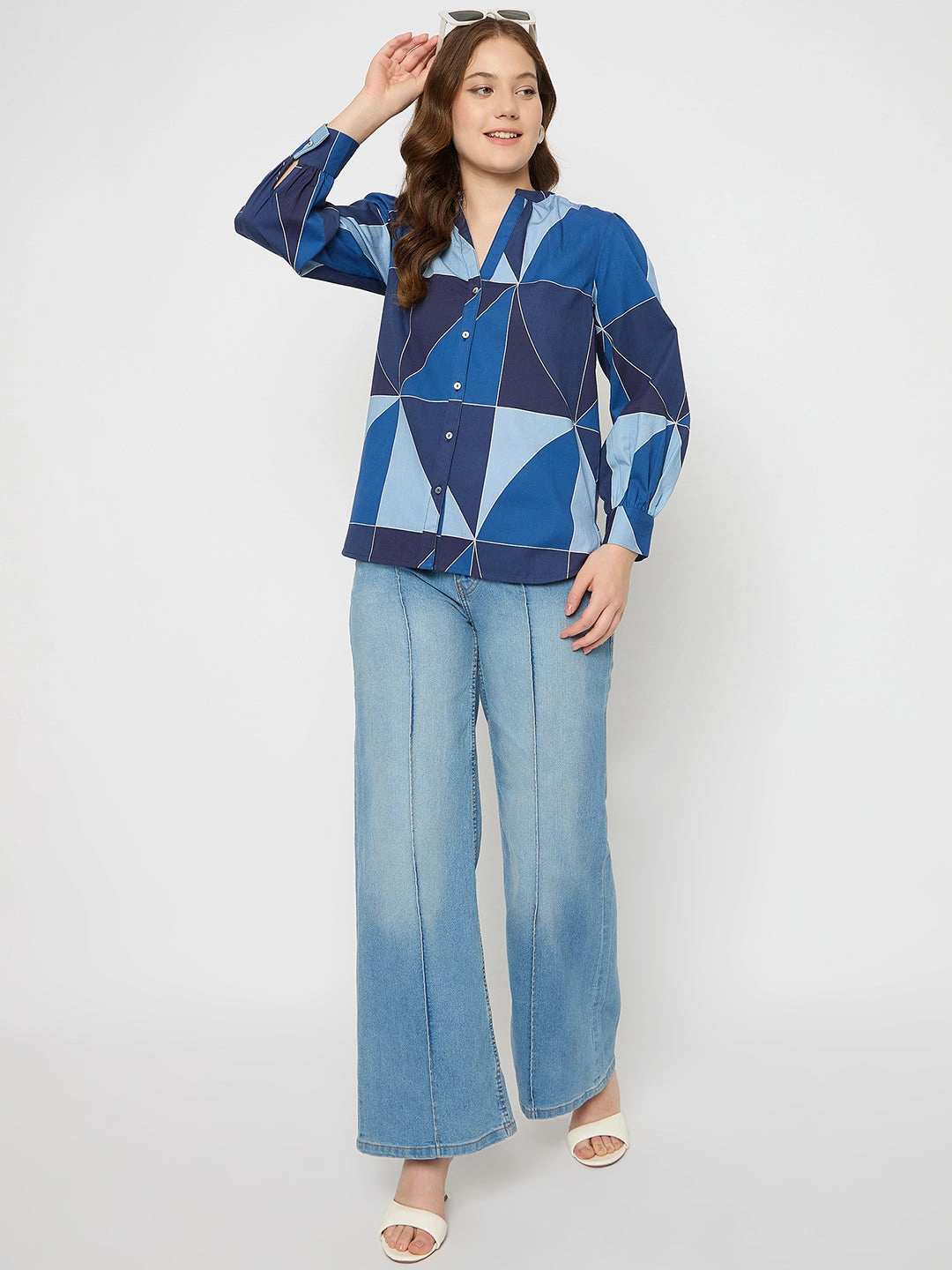 Madame Geometric Print Navy Blue Cotton Top Breathable Linen Blend Durable Reinforced Shoulders
