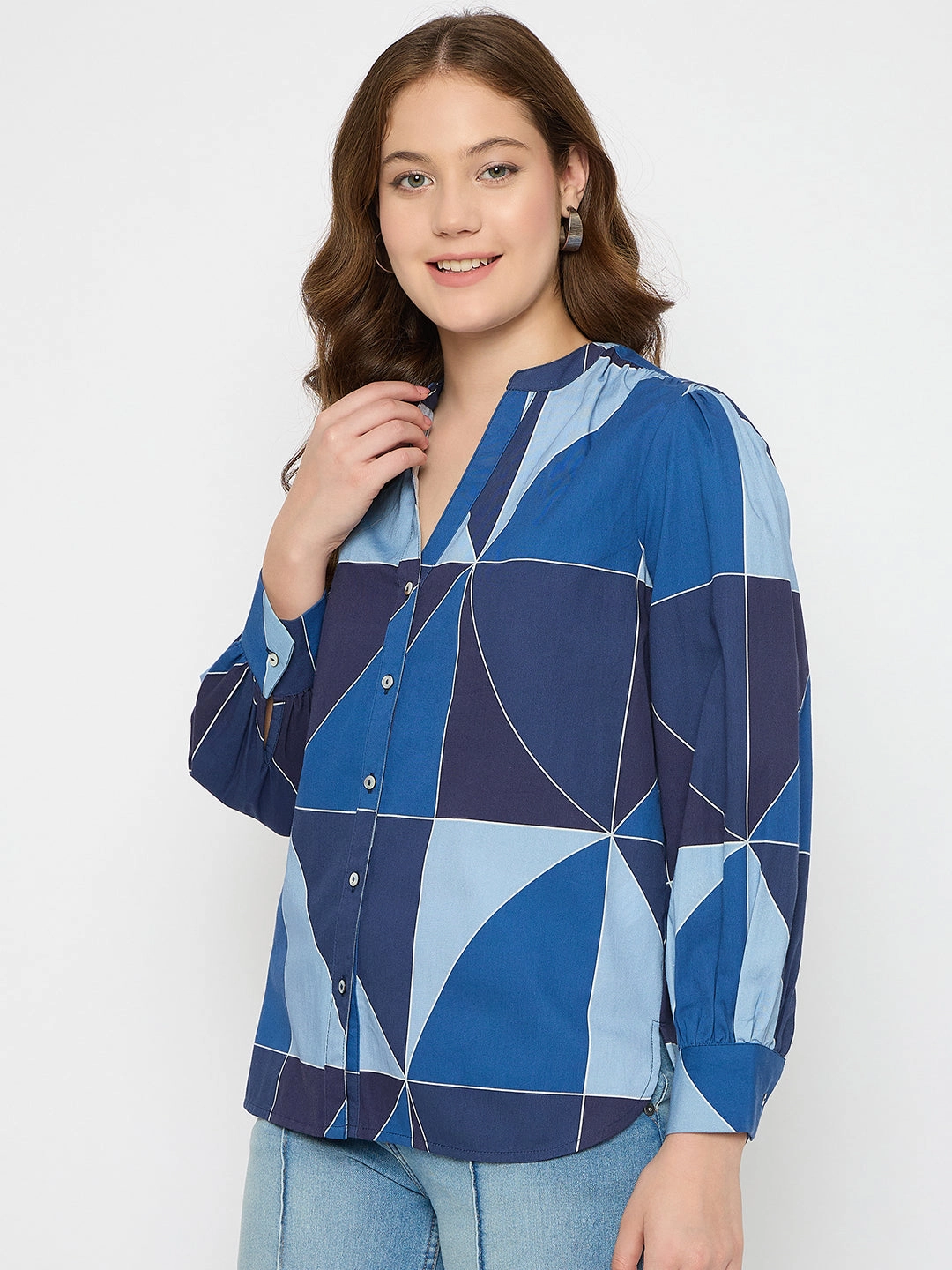 Madame Geometric Print Navy Blue Cotton Top Double Chest Pocket