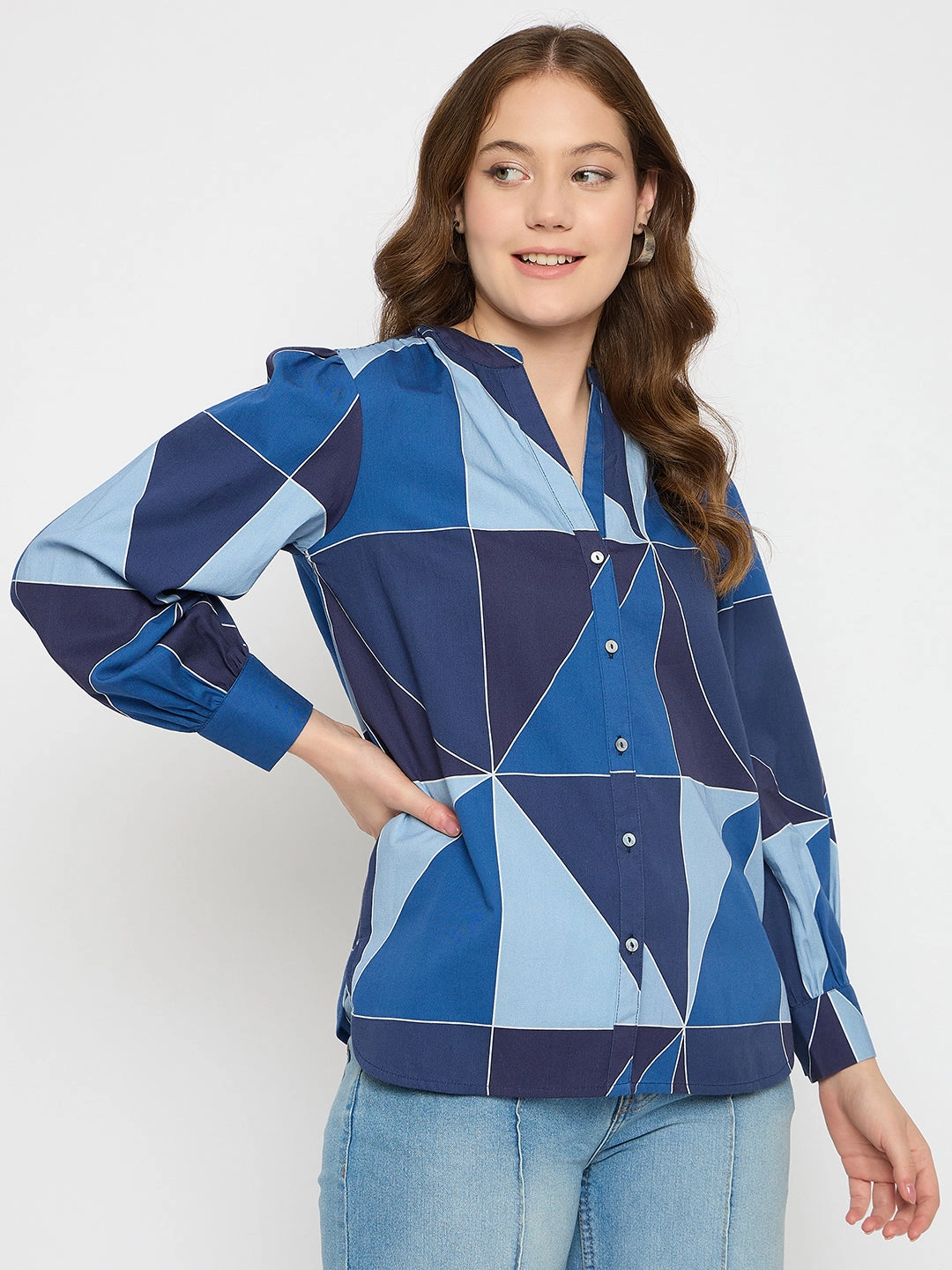 Madame Geometric Print Navy Blue Cotton Top AntiPill Finish Multi Directional Mobility