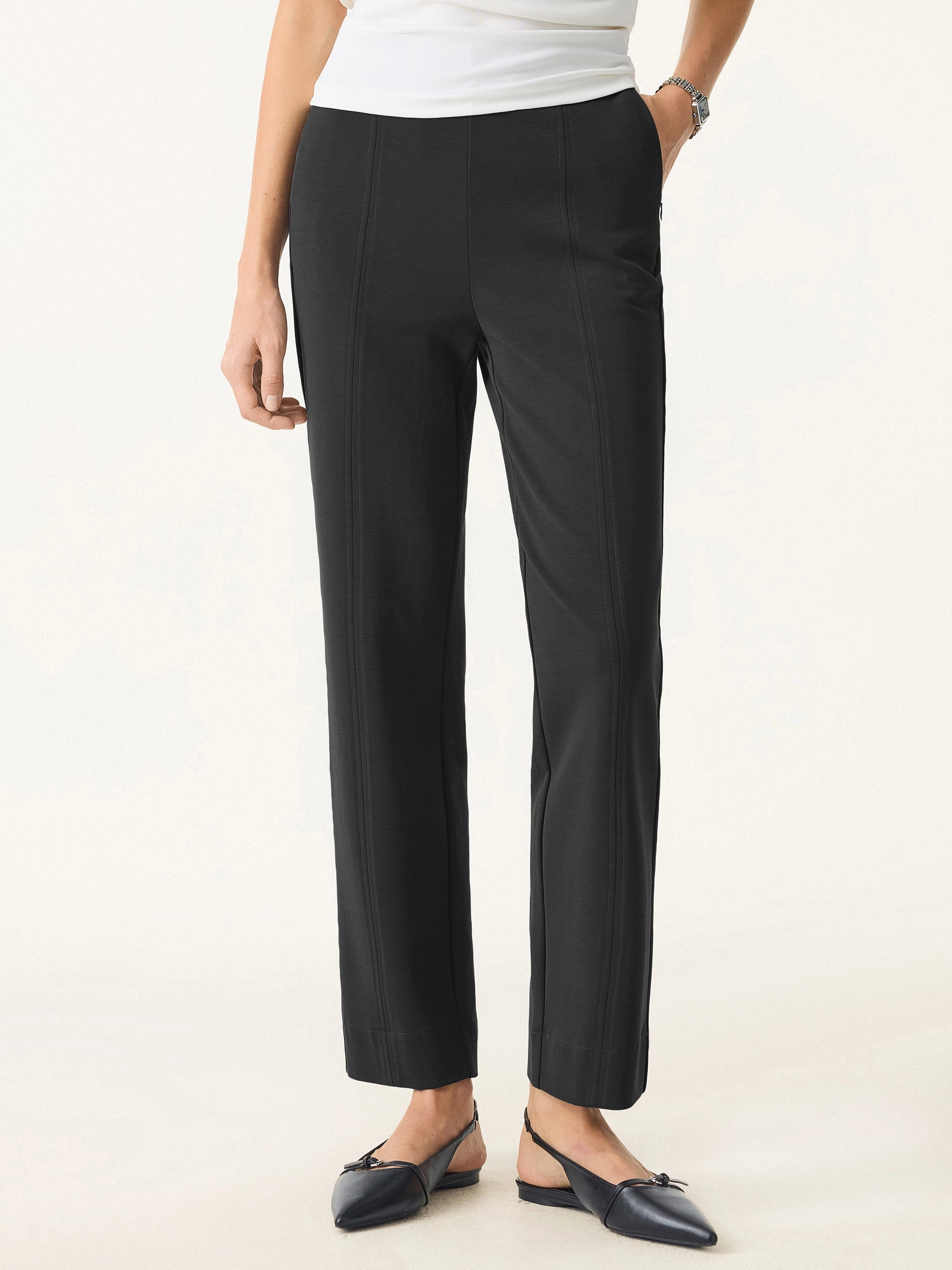 Sandwashed Mid Rise Slim Straight Pull-on Pants with Pockets Layered Panel Design