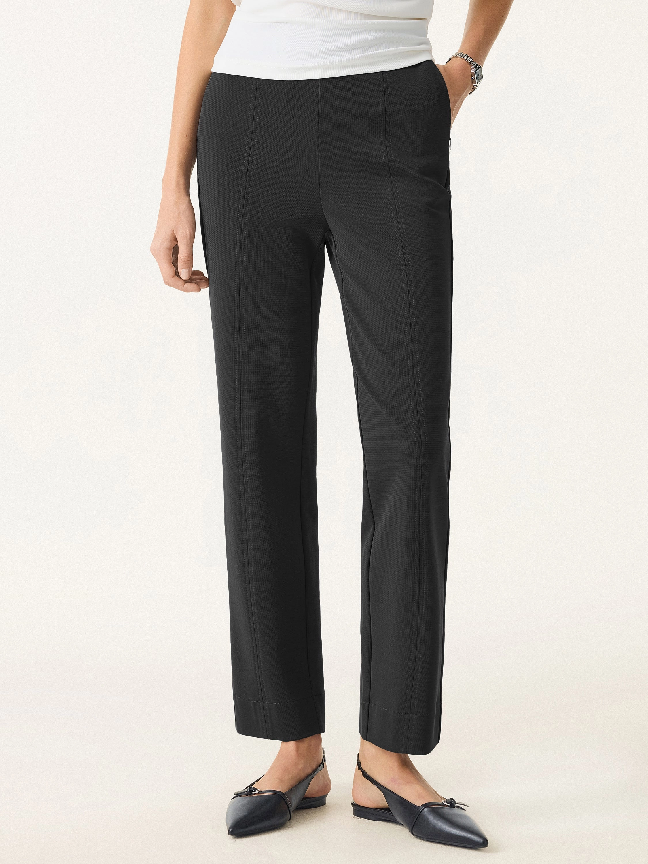 Sandwashed Mid Rise Slim Straight Pull-on Pants with Pockets Performance Stretch