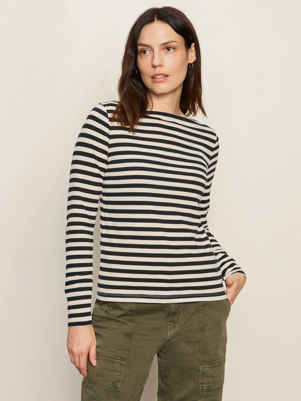 Boatneck Long Sleeve Tee Light Oat/Black Stripe Essential Casual Casual All-Day