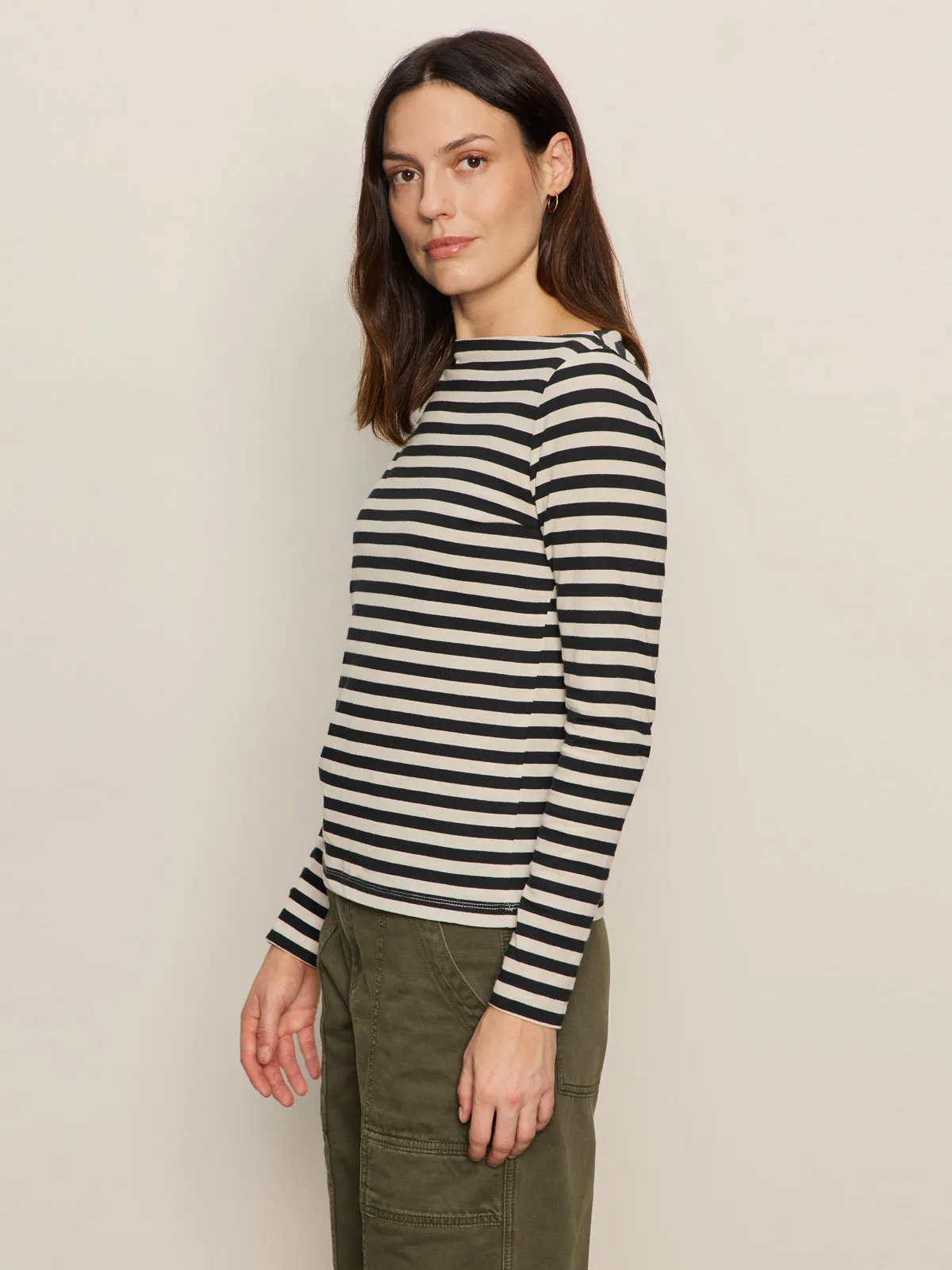Boatneck Long Sleeve Tee Light Oat/Black Stripe Office Attire Breathable Design Wear