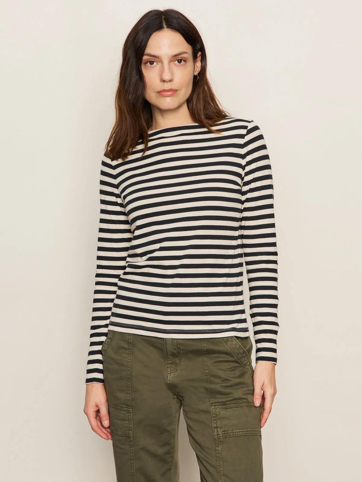 Boatneck Long Sleeve Tee Light Oat/Black Stripe Seasonal Outfit Cozy Comfort Design