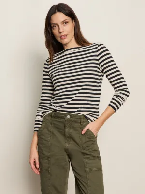 Boatneck Long Sleeve Tee Light Oat/Black Stripe OekoTexCertified Crew Neck Design