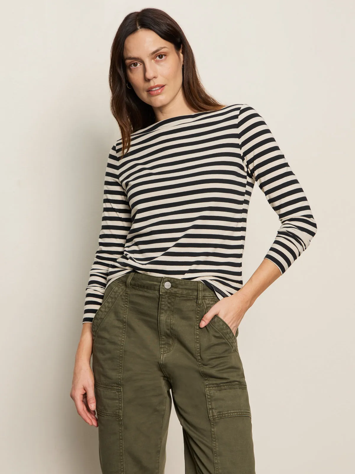 Boatneck Long Sleeve Tee Light Oat/Black Stripe OekoTexCertified Crew Neck Design