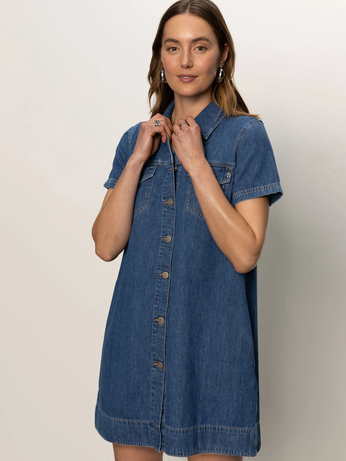 Flexible Fabric Work Ready Lightweight Textured Denim Shiftdress Medium Wash