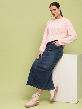 Madame Cable Knit Full Sleeve Peach Sweater Basic Layer Versatile Layering