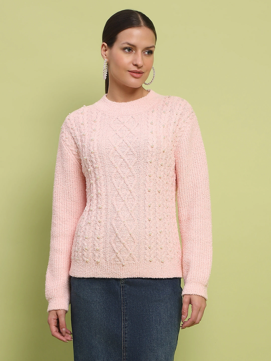 Functional Style Madame Cable Knit Full Sleeve Peach Sweater