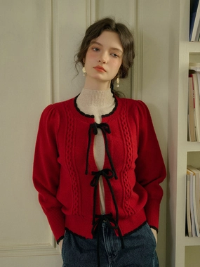 ??Final Sale??Camila Round Neck Ribbed Lace-up Cardigan Compact Knit Structure Ultra Soft Yarn