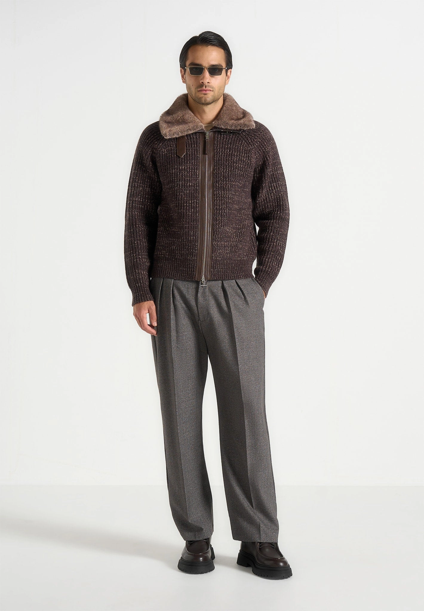 Friction Resistant Plush Texture Ariel - Unisex Plush Collar Speckled Knit Jacket - Brown