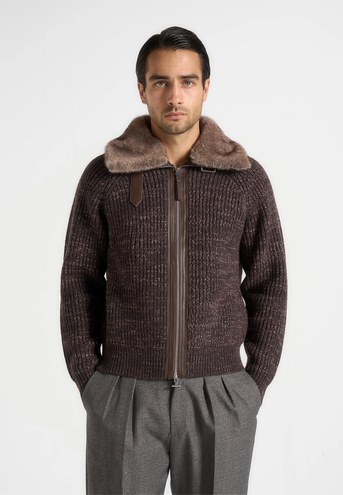 Compression Knit Support Clean Lines Ariel - Unisex Plush Collar Speckled Knit Jacket - Brown