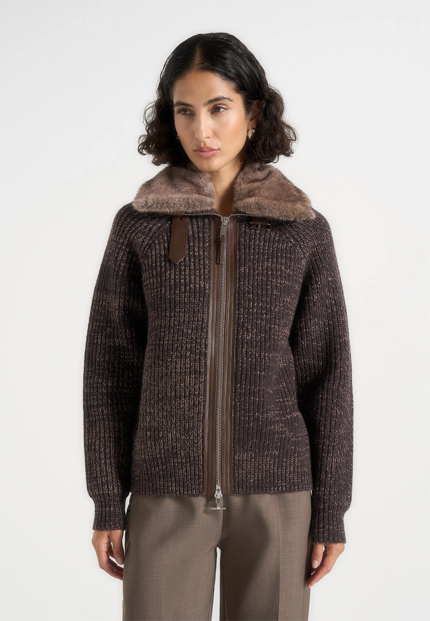 Waffle Knit Texture Ariel - Unisex Plush Collar Speckled Knit Jacket - Brown