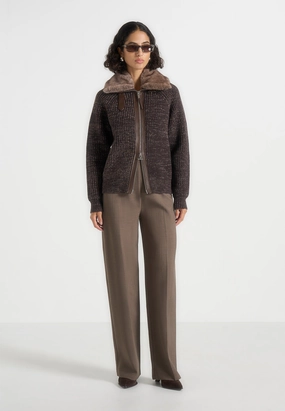 Ariel - Unisex Plush Collar Speckled Knit Jacket - Brown Fresh Season Everyday Classic
