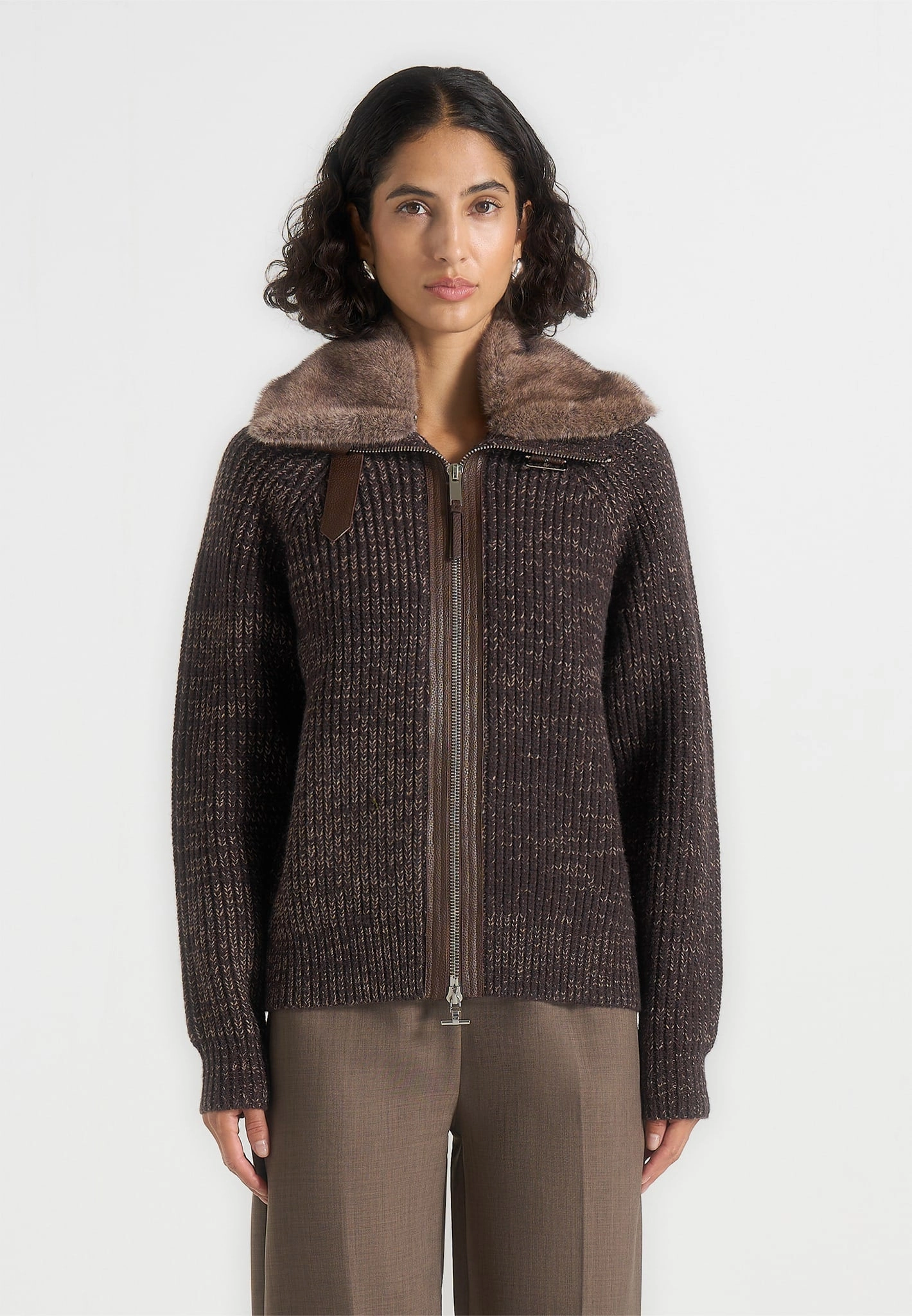 Ariel - Unisex Plush Collar Speckled Knit Jacket - Brown Butter Soft Yarn