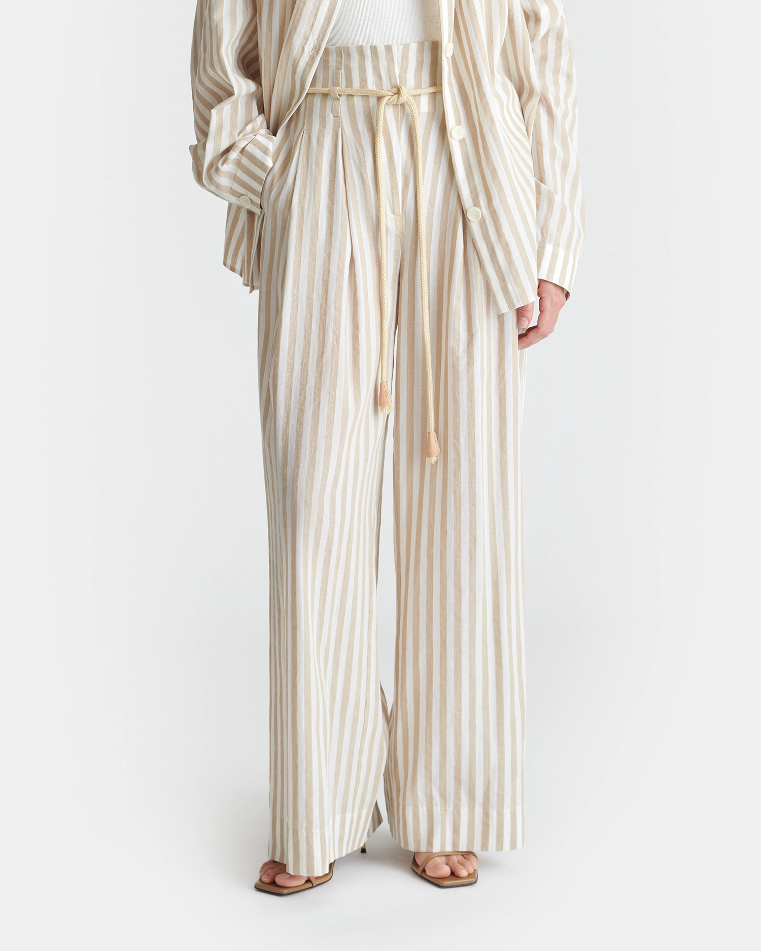 Wrinkle Free Fabric Utility Fit Nevada - Striped Belted Linen Pants - Beige