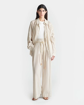Soft and Cozy Nevada - Striped Belted Linen Pants - Beige