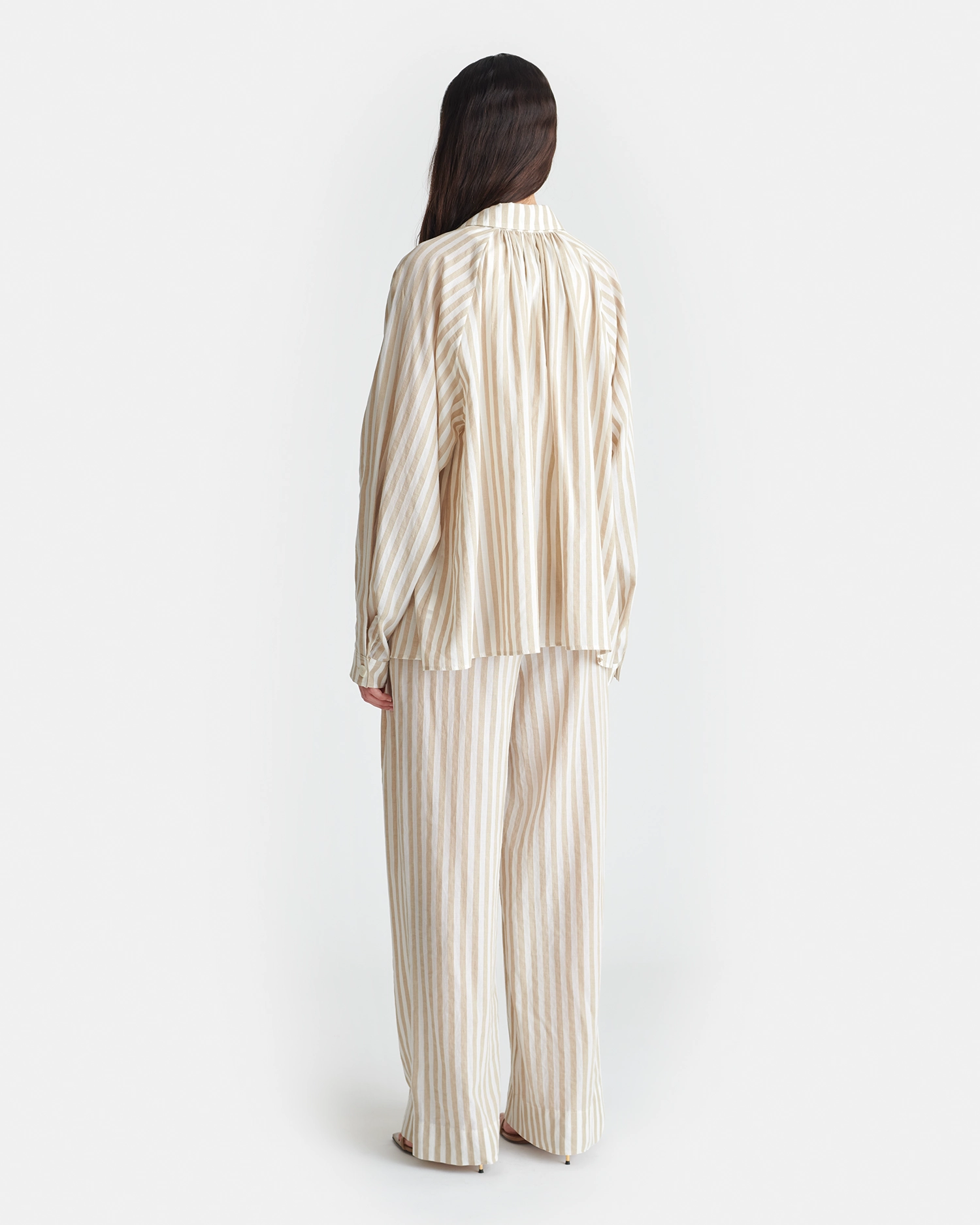 Nevada - Striped Belted Linen Pants - Beige Soft Stretch Stretching Fit