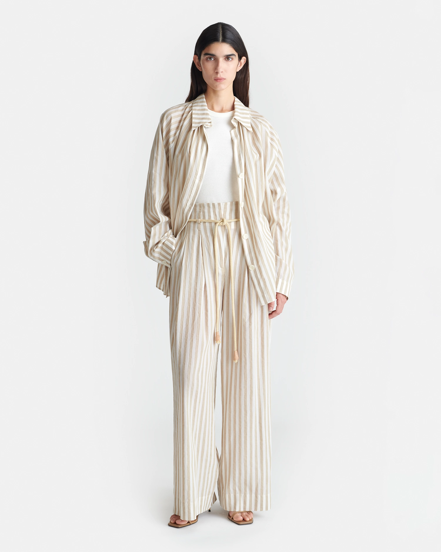 Nevada - Striped Belted Linen Pants - Beige Timeless Comfort Fit No Tag