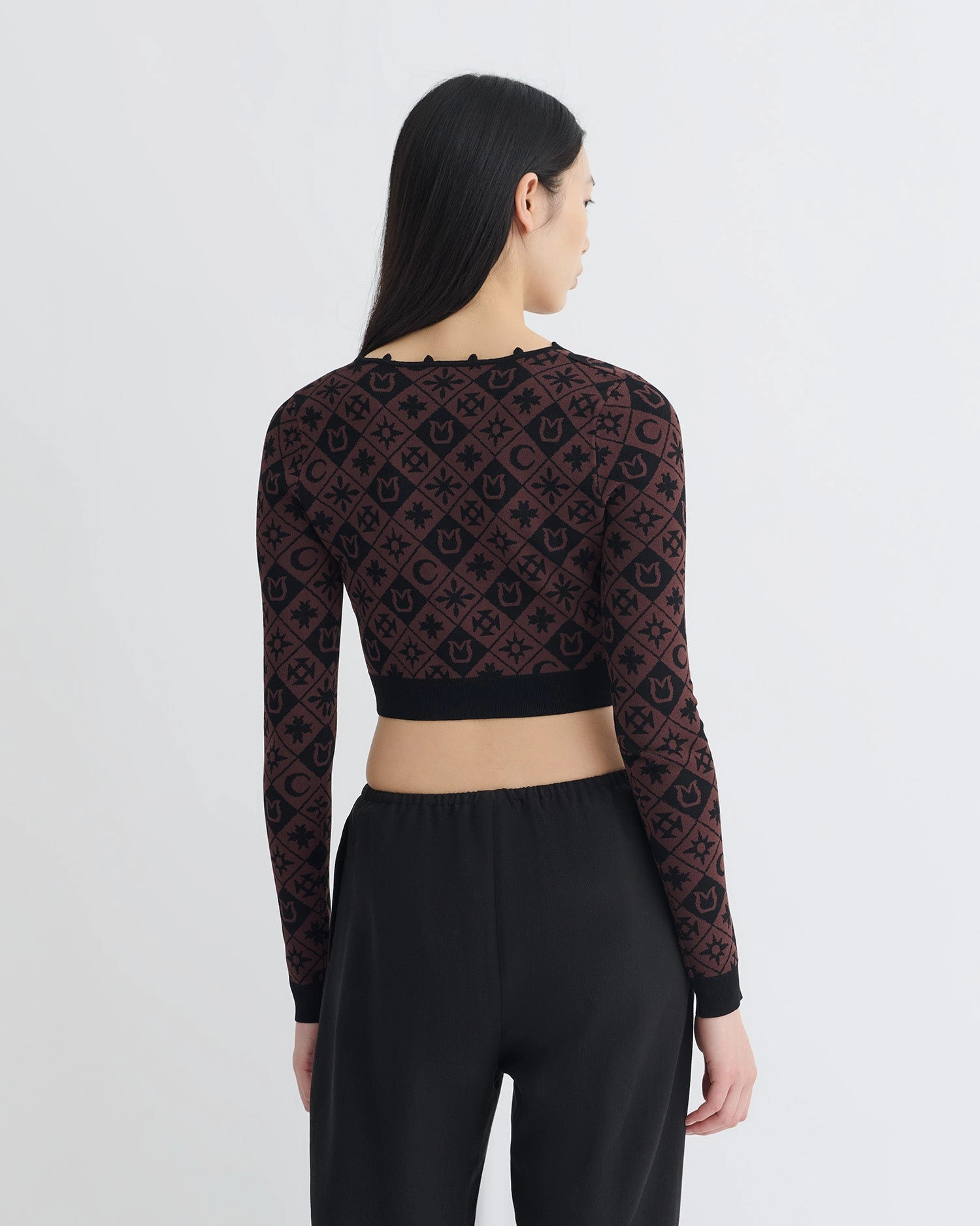 Dovie - Cropped Cardigan - Symbol Tile Mahogany Cold Mornings Wrinkle Recovery Fabric