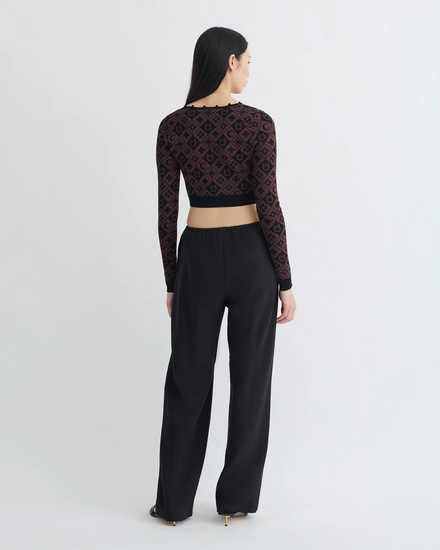 Dovie - Cropped Cardigan - Symbol Tile Mahogany Layered Stitch Details