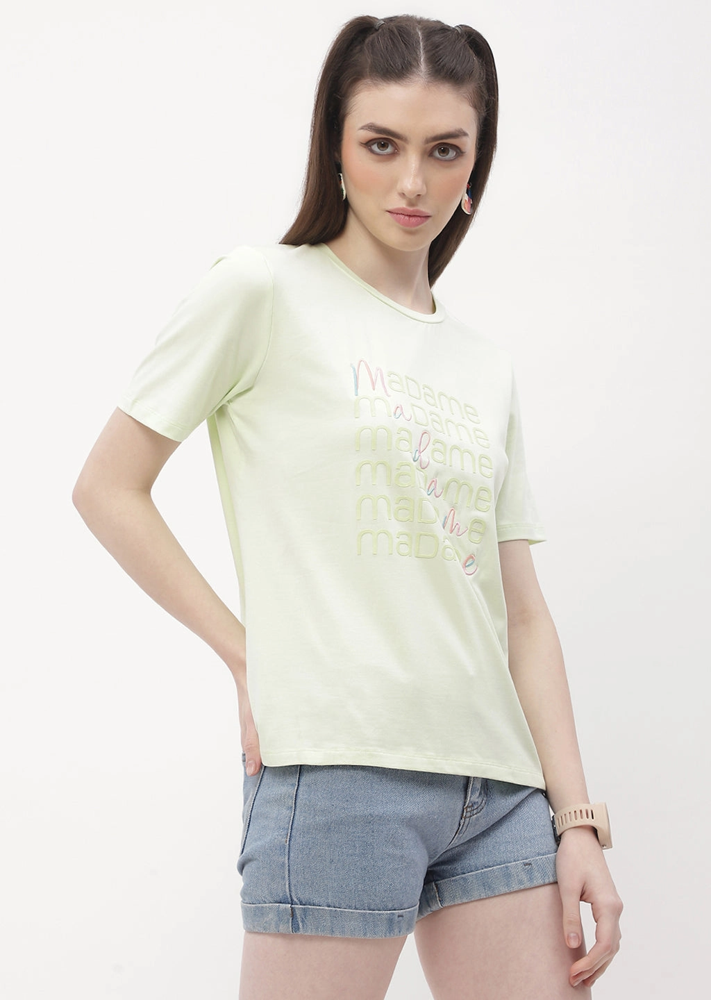 Daily Outfit Style Madame Logo Print Neon Green Regular T-Shirt